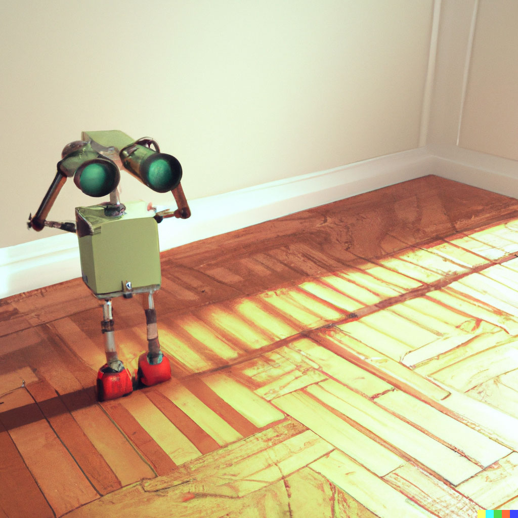 DALL·E prompt: robot with binoculars bent over and looking straight down at a wood parquet tile made of wood, digital art highly detailed 4k